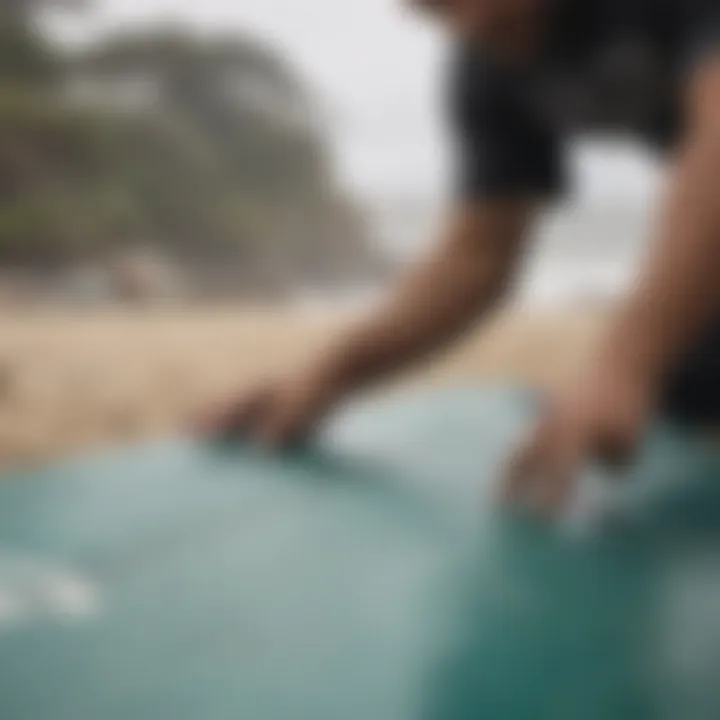 A close-up of surfboard maintenance