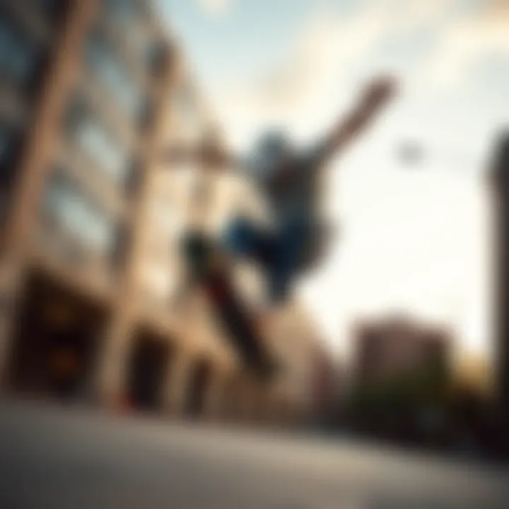 Dynamic Skateboarding in Urban Settings Dynamic skateboarder performing a trick in an urban environment