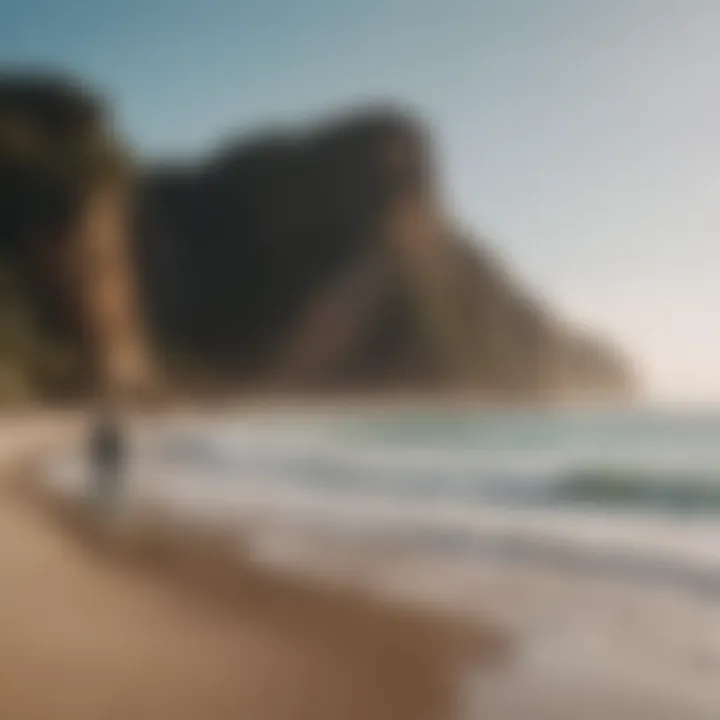 A scenic beach view with paddleboarders enjoying surfing