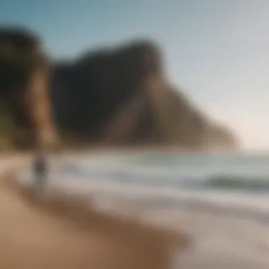Scenic Beach with Paddleboarders A scenic beach view with paddleboarders enjoying surfing
