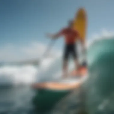 Vibrant Paddleboard on Waves A vibrant inflatable paddleboard gliding over ocean waves