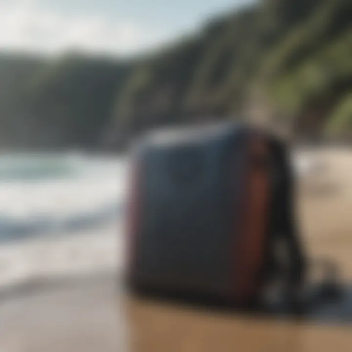 A bodyboard backpack in a coastal setting