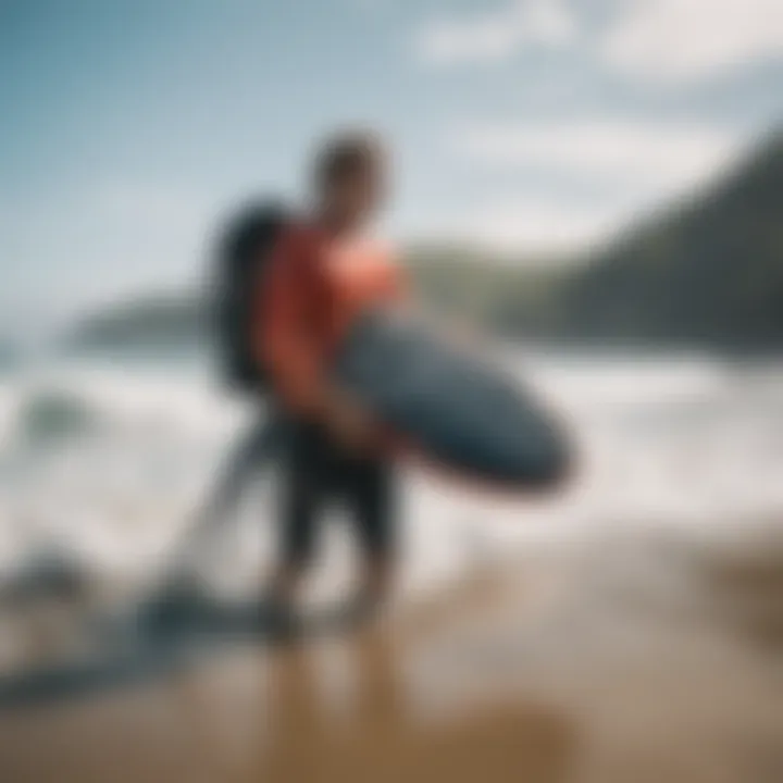 A surfer adjusting their gear with a bodyboard backpack