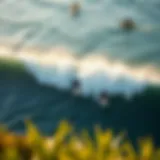 Aerial view of surfers riding waves