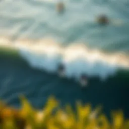 Aerial view of surfers riding waves