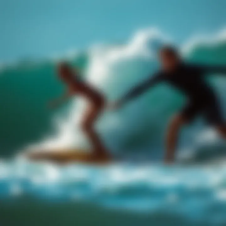 Diverse Surfing Techniques in Action Surfers practicing different techniques on waves