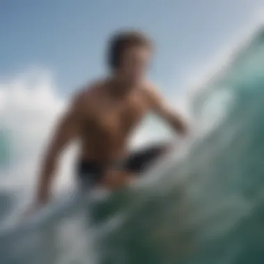 A surfer riding a wave while wearing headphones, immersed in music