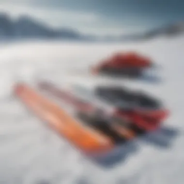 A close-up view of specialized snow kite surfing gear laid out on a snowy surface