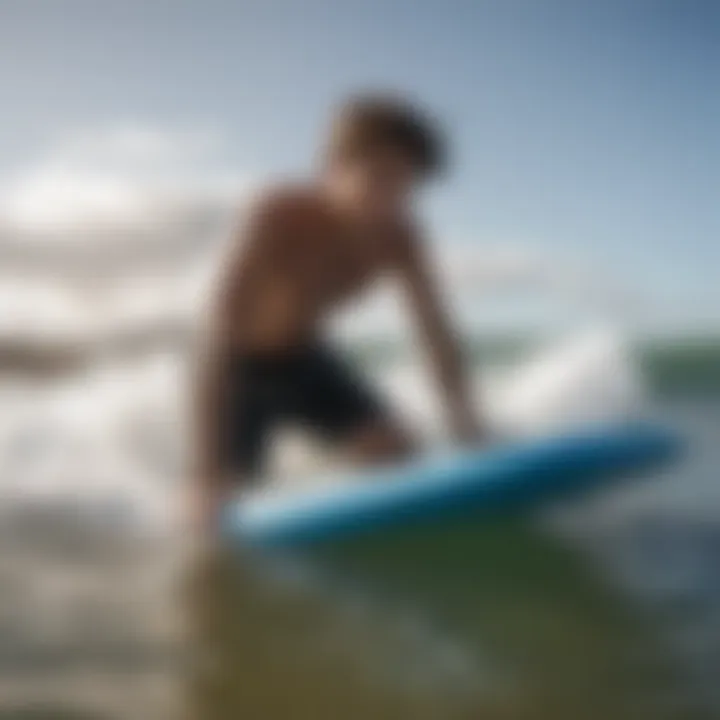 An action shot of a rider executing a maneuver on a boogie board in the surf