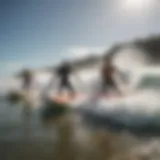 A vibrant beach scene showcasing a group of boogie boarders riding the waves