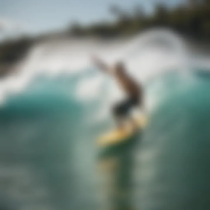 Diverse surfers enjoying the waves in a surf wave pool setting.