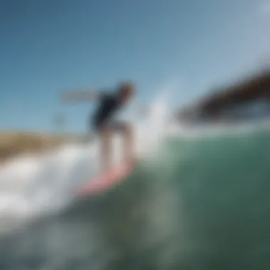 Surfers riding waves in a modern surf park environment