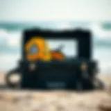 A close-up view of a surf lock box secured on a beach
