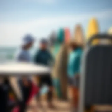 Discussing Gear Security Surfers discussing gear security near a surfboard rack