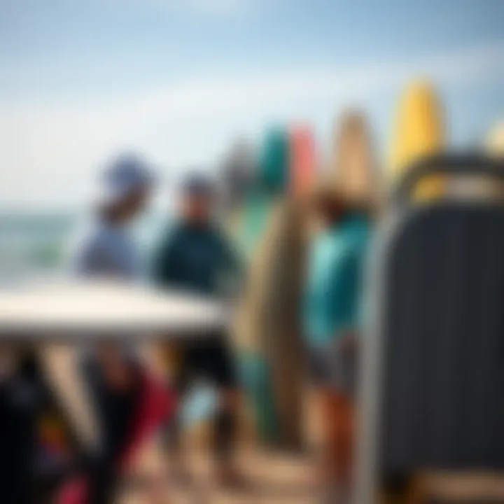 Discussing Gear Security Surfers discussing gear security near a surfboard rack