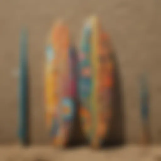 A vibrant surfboard adorned with artistic designs representing surfing culture