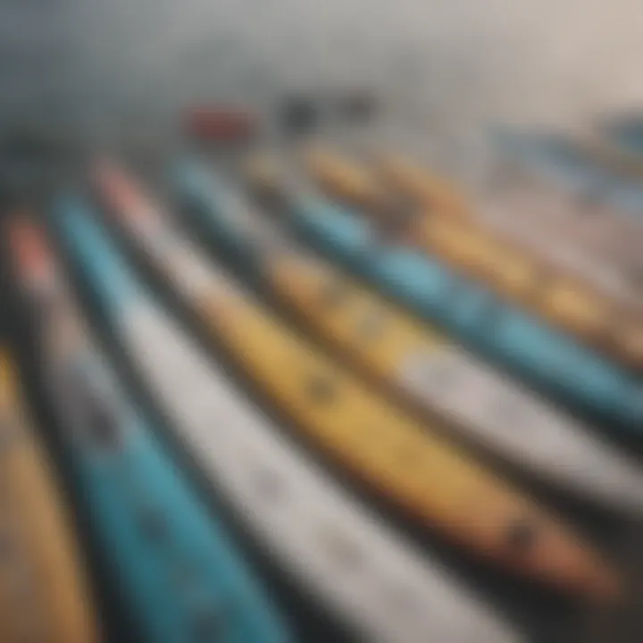 A collection of racing paddle boards lined up by the waterfront.