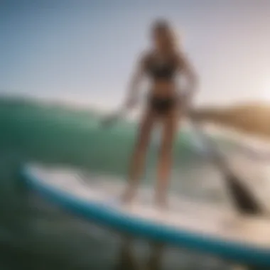 An expert examining the quality and condition of a racing paddle board.