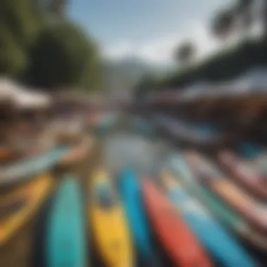 A vibrant marketplace scene featuring various used paddle boards for sale.