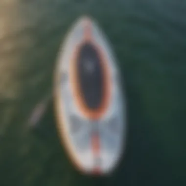 Close-up of an inflatable paddleboard with unique design patterns, highlighting its structure.