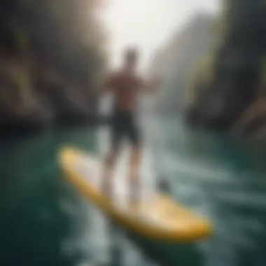 An individual demonstrating perfect balance on an inflatable SUP while paddling in open water.