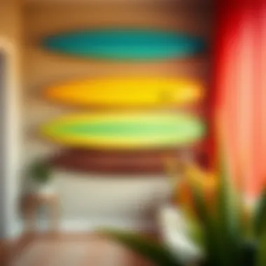 A vibrant and colorful surfboard wall hanger that adds a pop of color to a living space