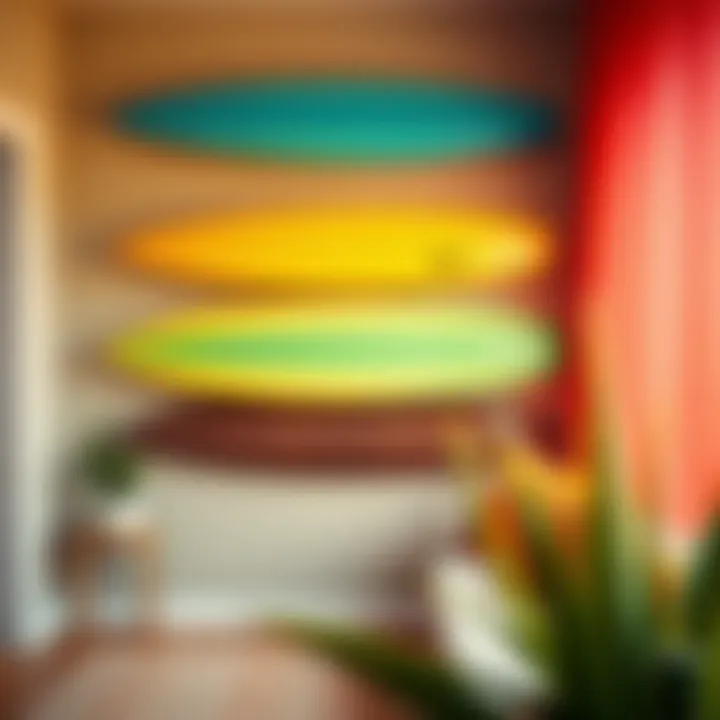 A vibrant and colorful surfboard wall hanger that adds a pop of color to a living space