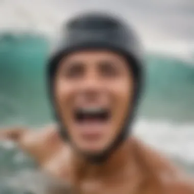 A surfer showcasing a custom mouthguard during a wave ride