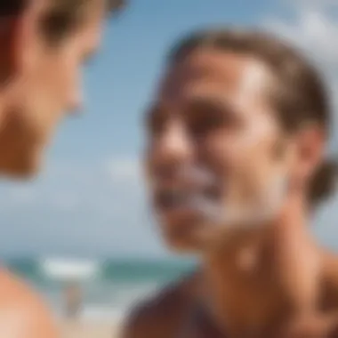 A surfer demonstrating proper mouthguard fitting at the beach