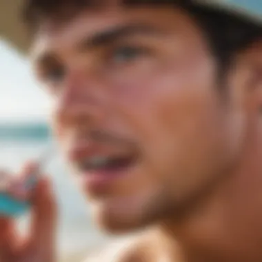 Pre-Surf Mouthguard Inspection Surfer examining a mouthguard before heading to the ocean