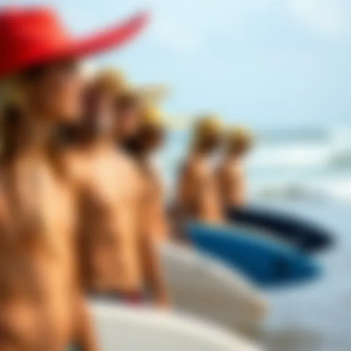 Community of Surfers Wearing Surf Naked Hats A group of surfers on the beach, each wearing a surf naked hat, united in their lifestyle