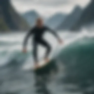 A surfer riding a wave at Lofoten Islands