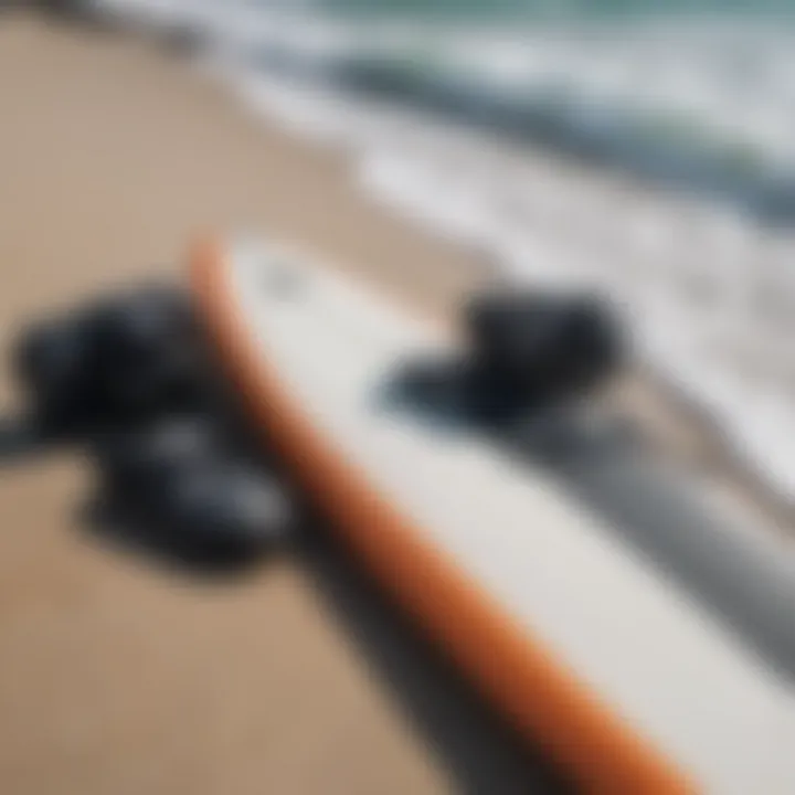 Surfing gear laid out on a beach