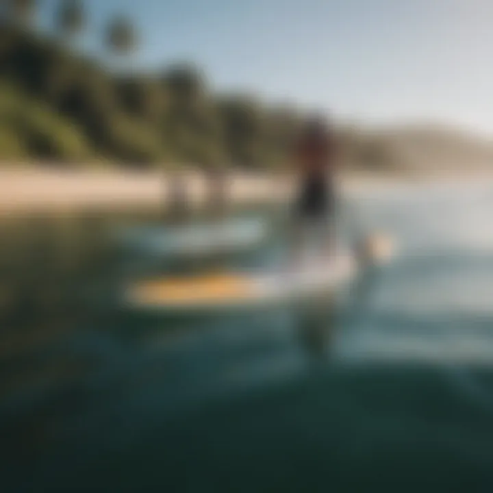 A vibrant beach scene with multiple paddle boarders navigating the waves