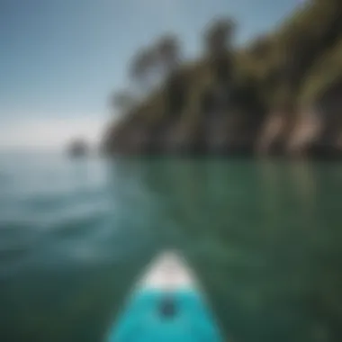 A picturesque coastal landscape viewed from a paddle boarder's perspective