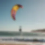 A vibrant kitesurfing scene at a Portuguese beach with colorful kites soaring in the sky