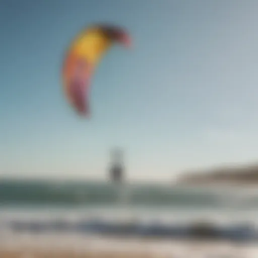 A vibrant kitesurfing scene at a Portuguese beach with colorful kites soaring in the sky