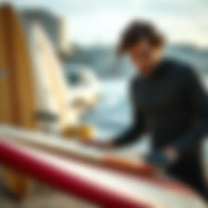 Quality Check of Used Surfboards A surfer examining a used surfboard for quality and performance