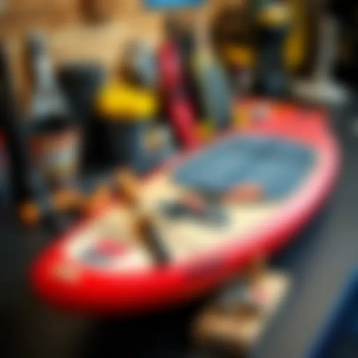 An organized setup for maintaining a foldable paddleboard with essential tools and products