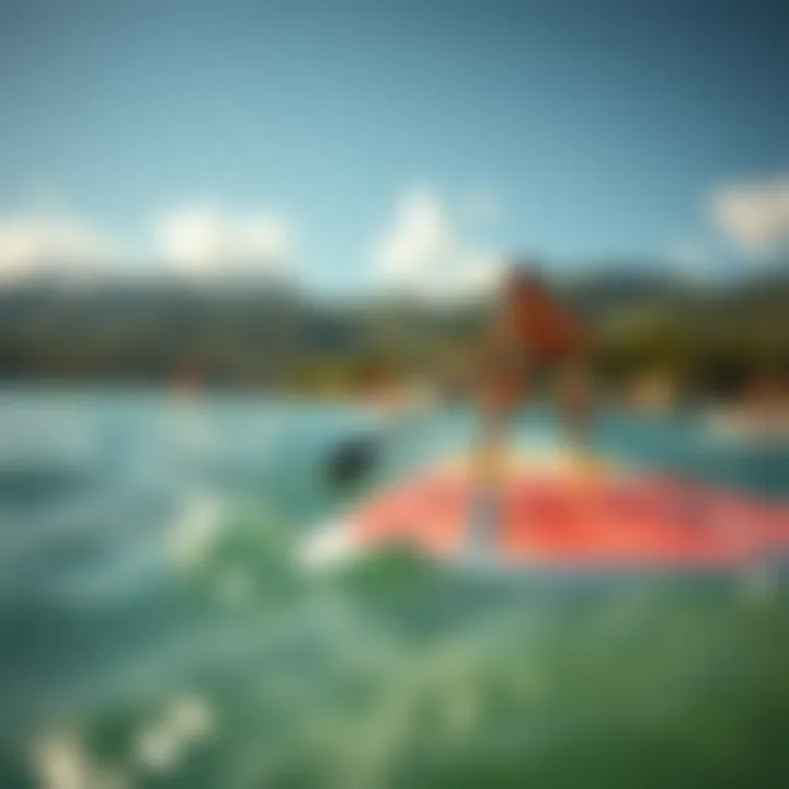 A scenic view of a vibrant paddleboarding adventure on a foldable paddleboard