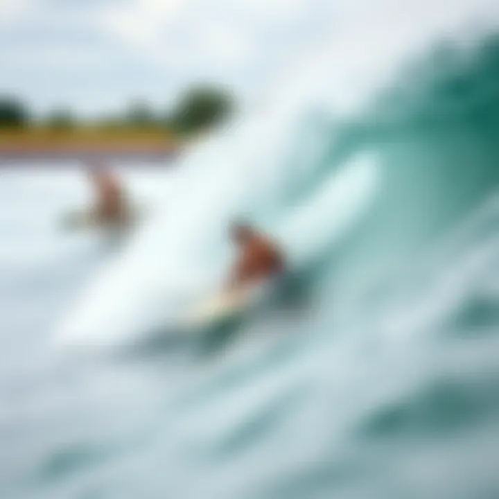 Surfers Embrace the Thrill at Waco Surf Pool Surfers riding the artificial waves at the Waco Surf Pool, capturing the thrill and excitement of the sport.