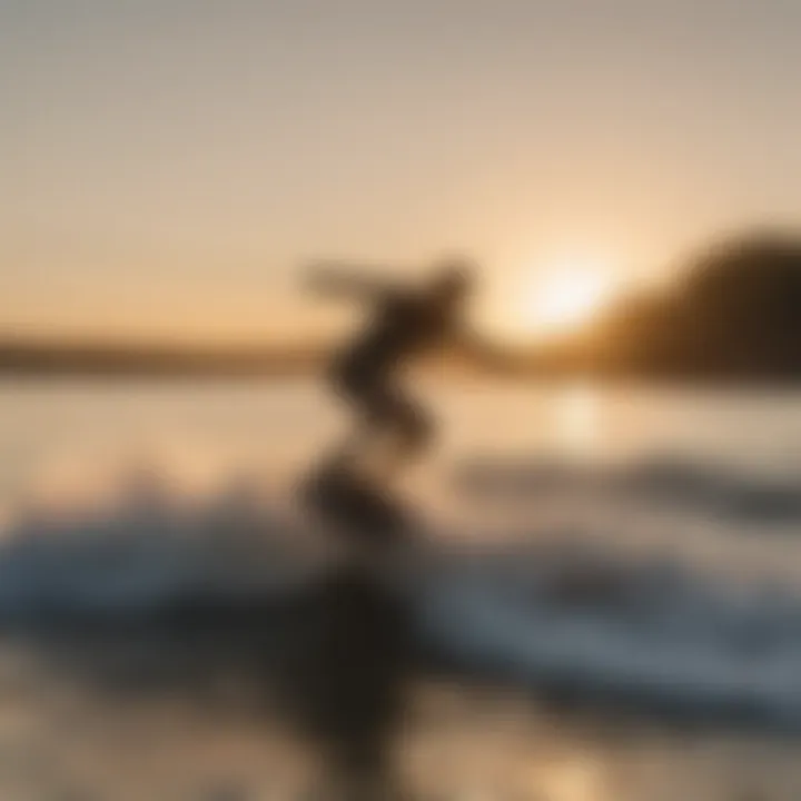 A scenic view of a wakeskater using a winch at sunset