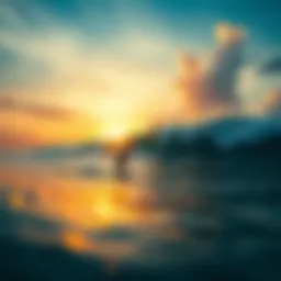 Surfer catching a wave at sunset in Malaysia