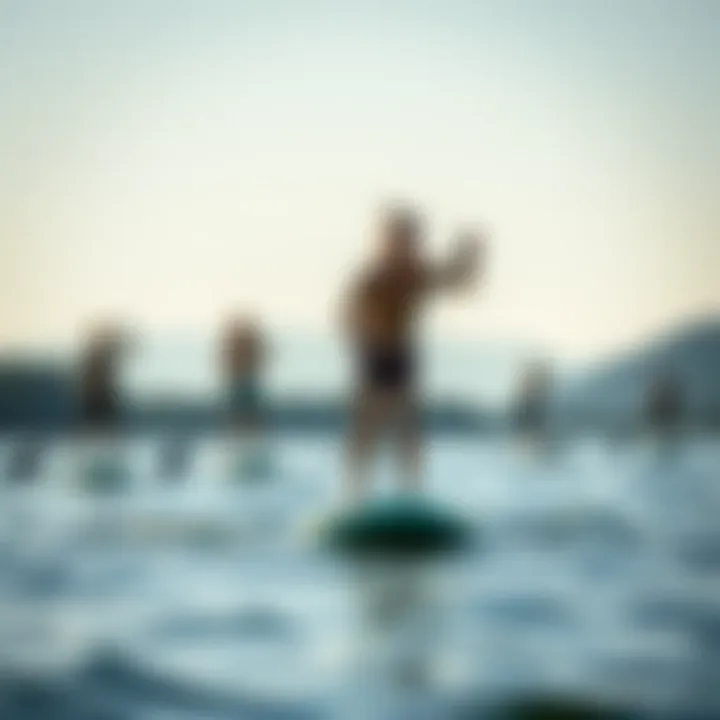Community and Calm: Paddle Boarding on a Peaceful Lake A group of paddle boarders enjoying a tranquil lake setting