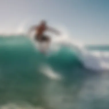 A group of skimboarders performing tricks in the waves