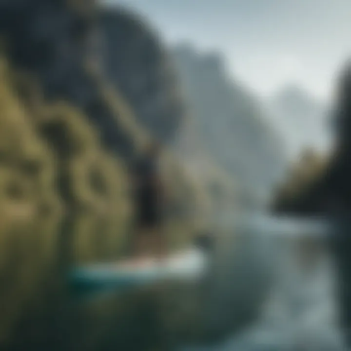 An experienced paddler demonstrating advanced techniques on a picturesque lake surrounded by mountains.