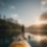 A serene landscape showcasing a paddleboarder gliding across calm waters at sunrise.