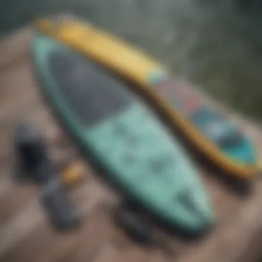 A close-up view of essential SUP gear laid out on a dock, highlighting paddles and safety equipment.