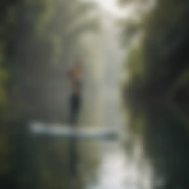 A tranquil scene of a paddleboarder practicing yoga on their board, immersed in nature.