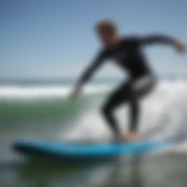 Surfing Techniques on Twin Boogie Board An experienced surfer demonstrating techniques on a twin boogie board in the ocean.